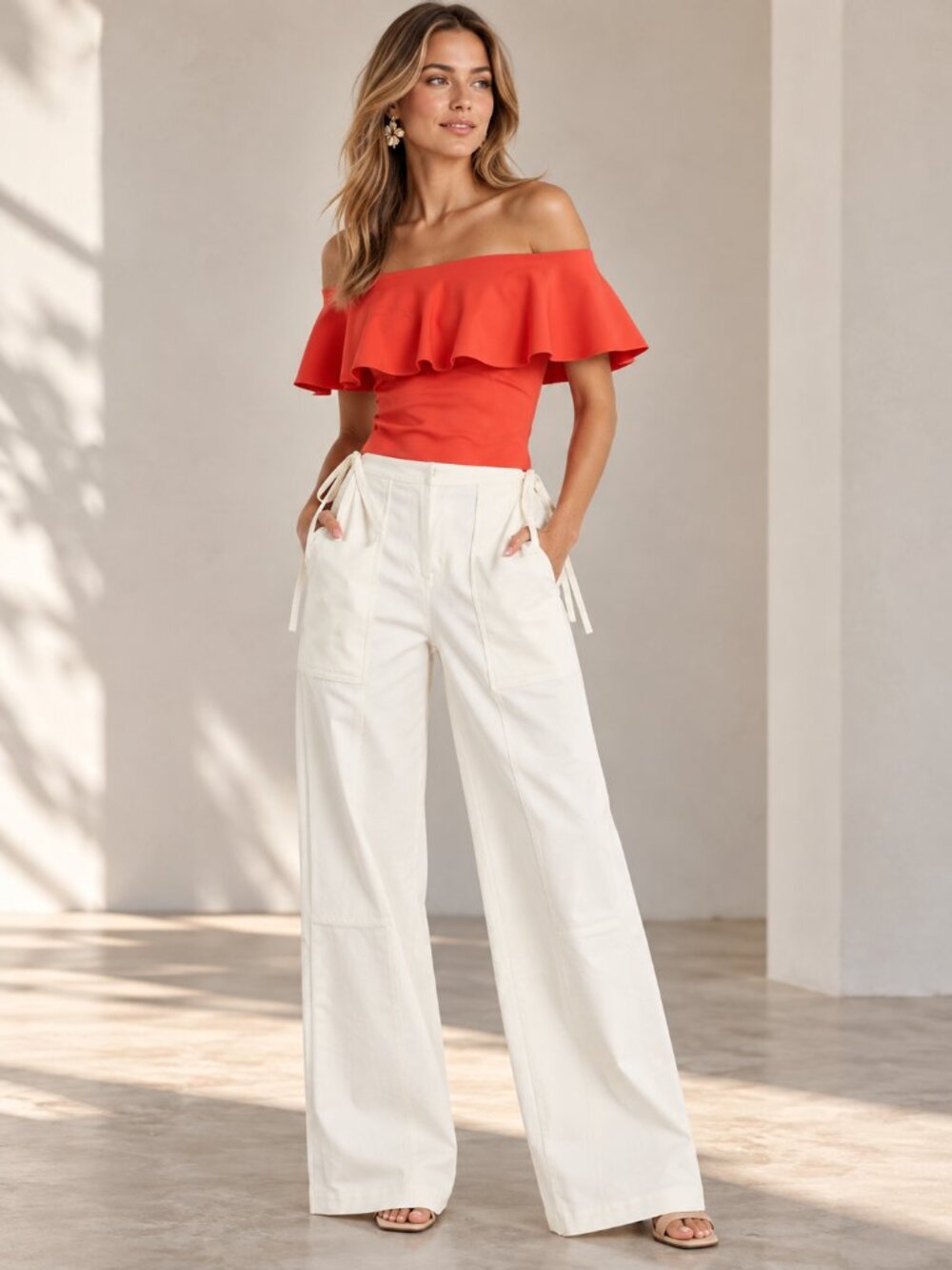 Christy Lynn Aspyn Wide Leg Canvas Cargo Pants White Side Tie S